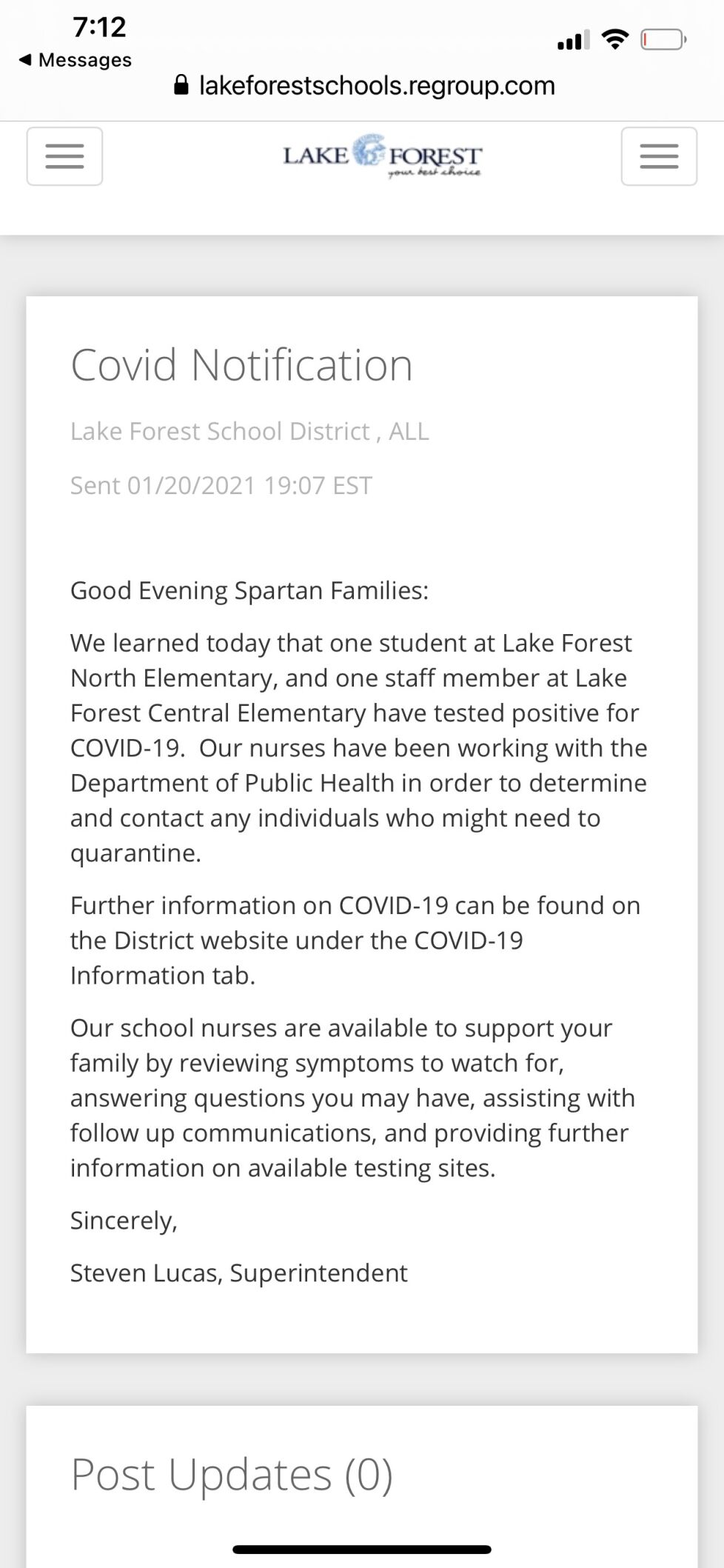 Lake Forest School District COVID notification